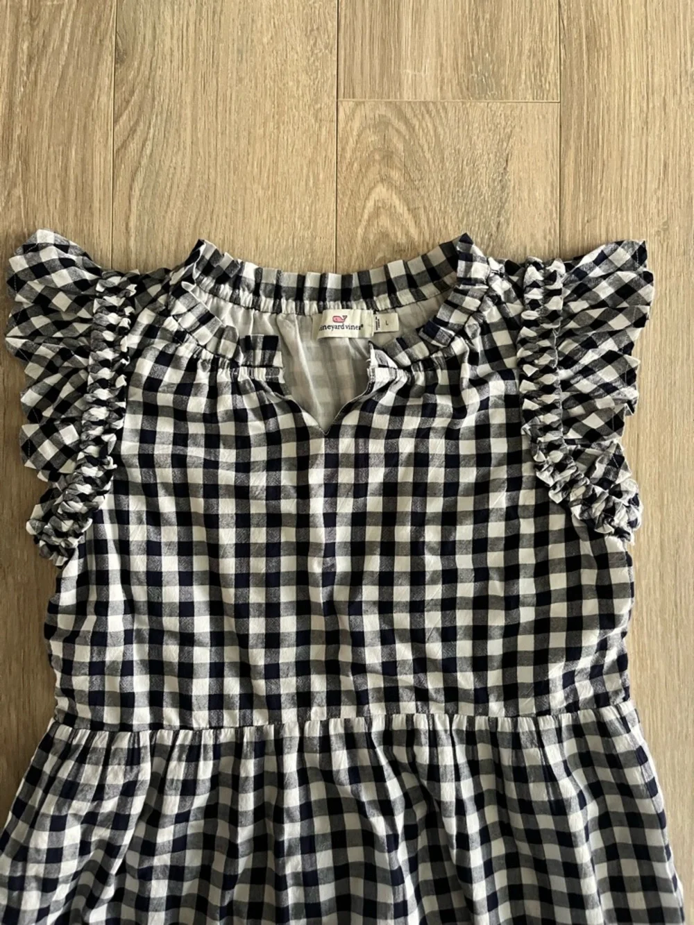 Vineyard Vines Girl’s Navy and White Tiered Ruffle Sleeveless Dress - Size Large
